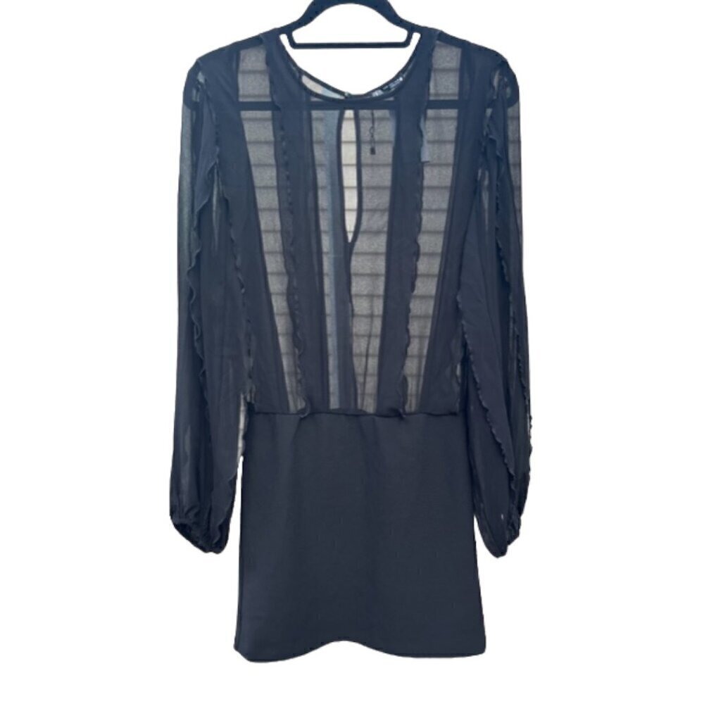 ZARA NWOT Chiffon Ruffled Black Mini Dress Long Sleeve Round Neck Size Medium